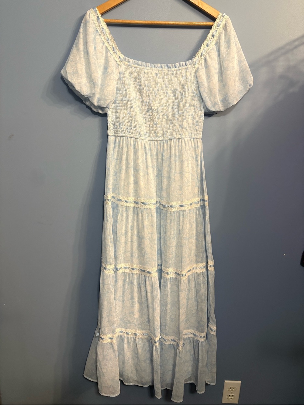 Altar'd State Pale Blue Puff Sleeve Smocked Maxi Dress
